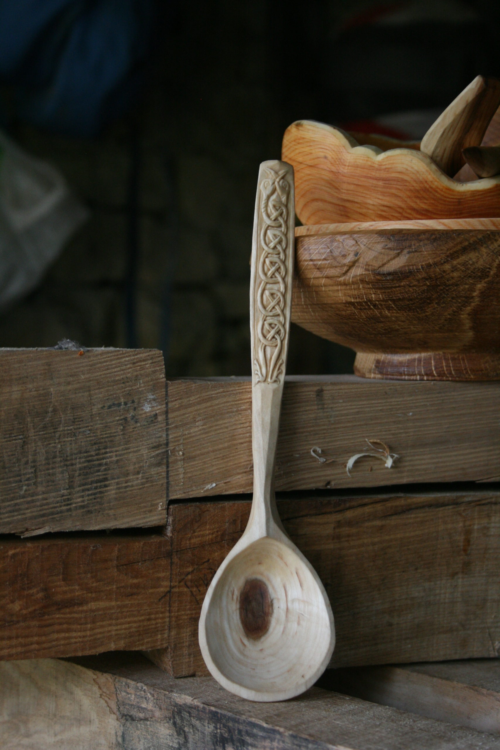 Celtic carved rowan cooking spoon