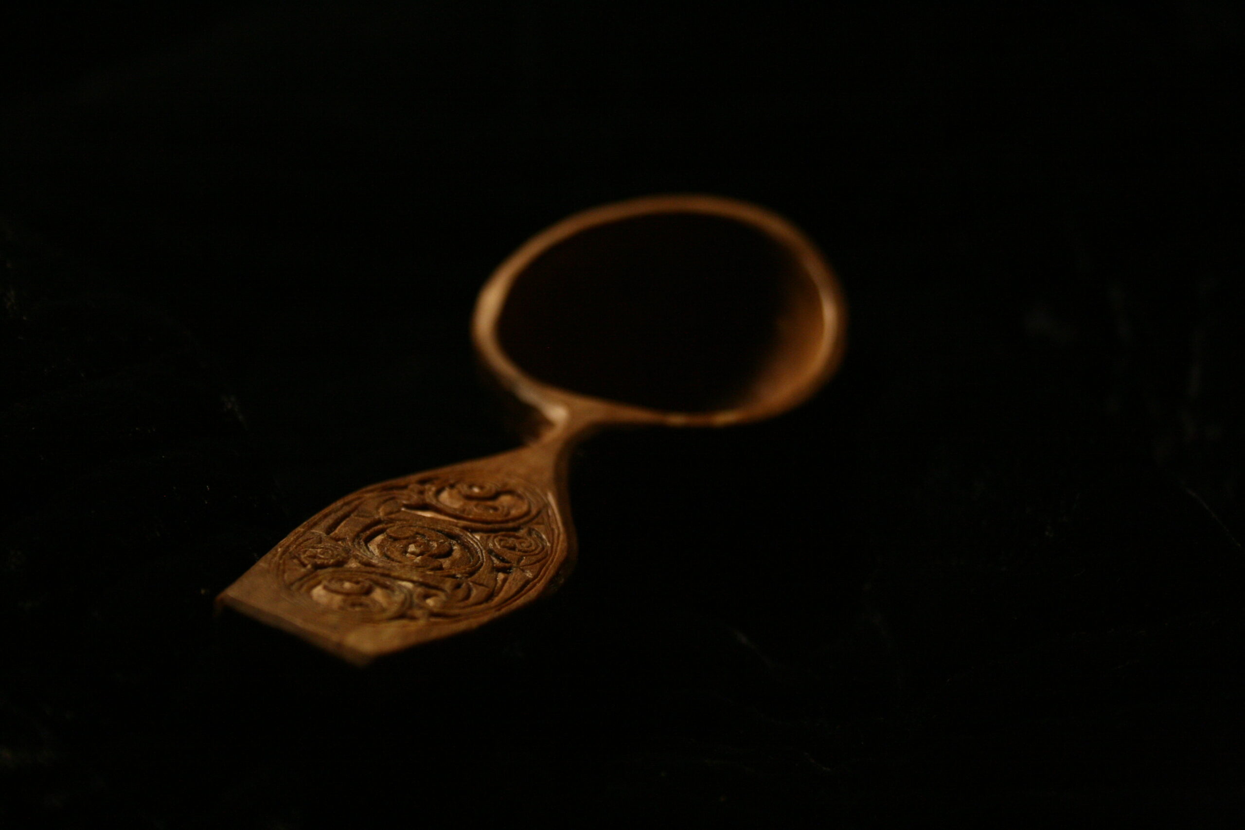 Intricately carved pictish spiral rowan scoop