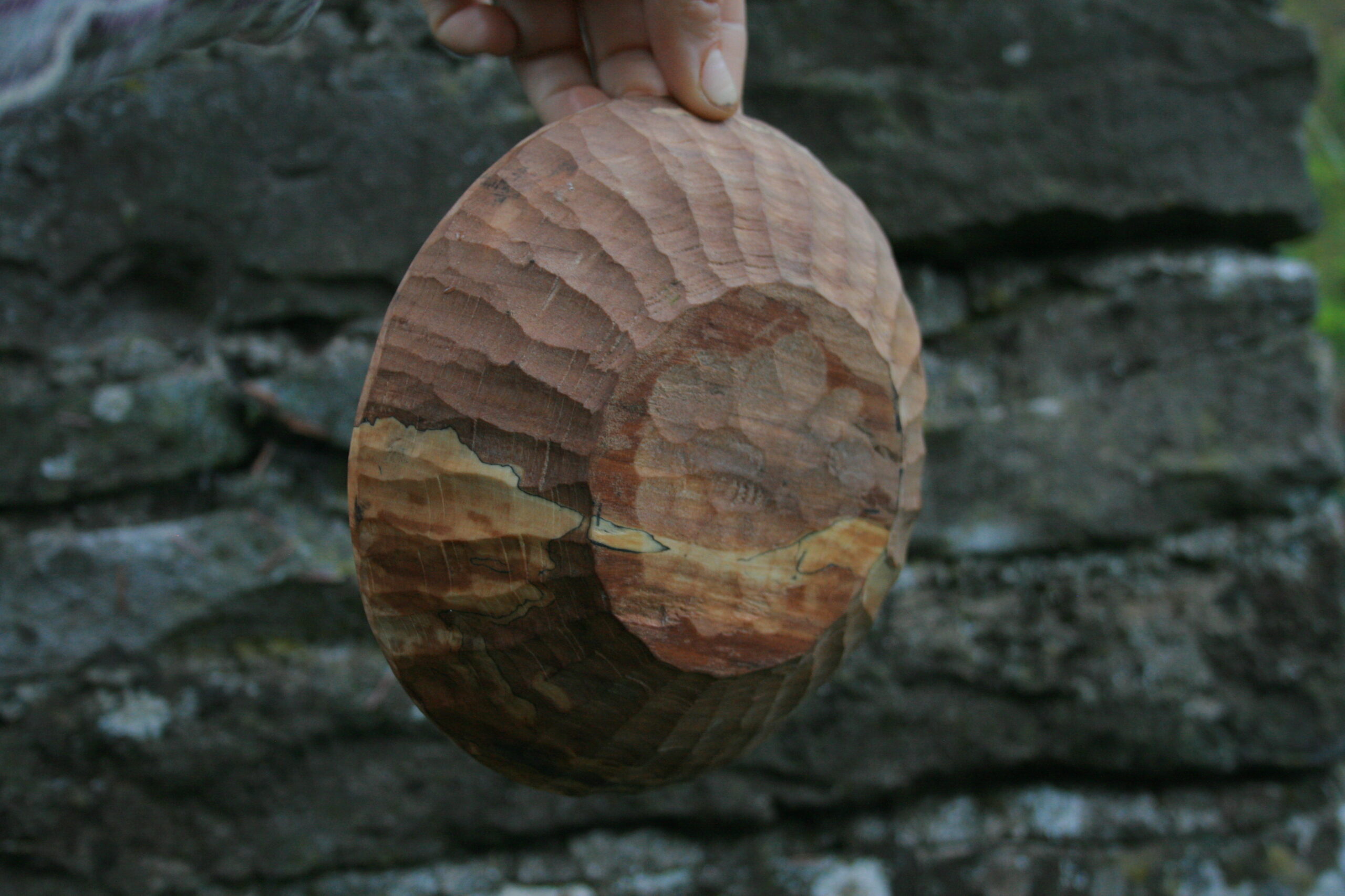 Hand carved spalted alder bowl with brass repairs 16cm diameter