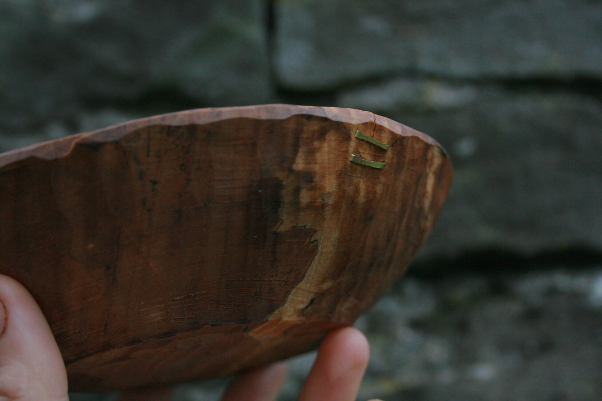 Hand carved spalted alder bowl with brass repairs 16cm diameter