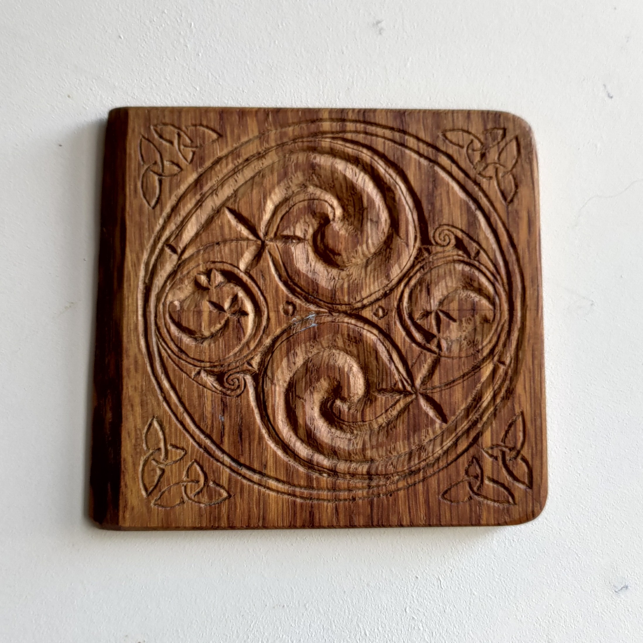 Pictish spiral wall carving, oak 10x10cm